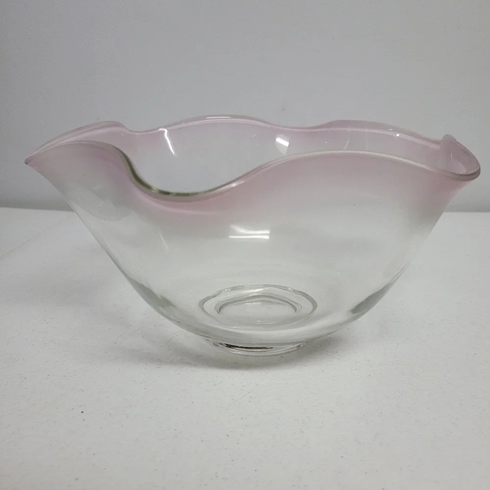 Vintage Hand Blown Clear Glass Ruffle Bowl with Pink Rim Edge 10 Inch